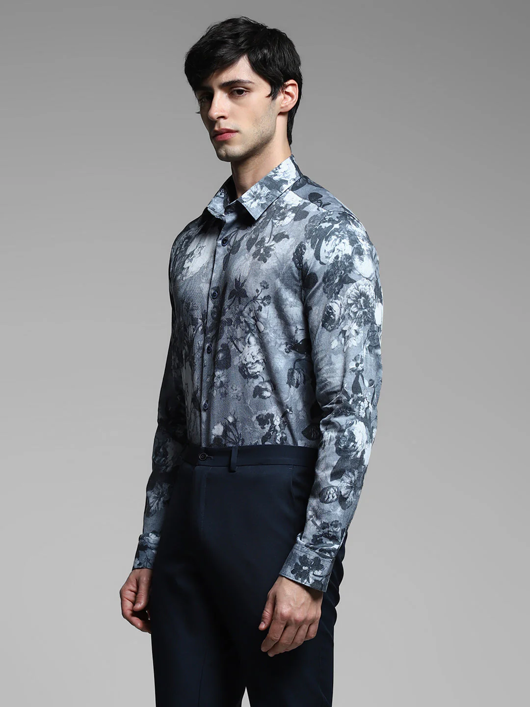 Grey Floral Print Cotton Shirt - Image 3