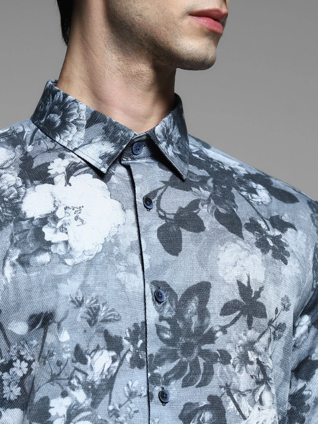 Grey Floral Print Cotton Shirt - Image 5