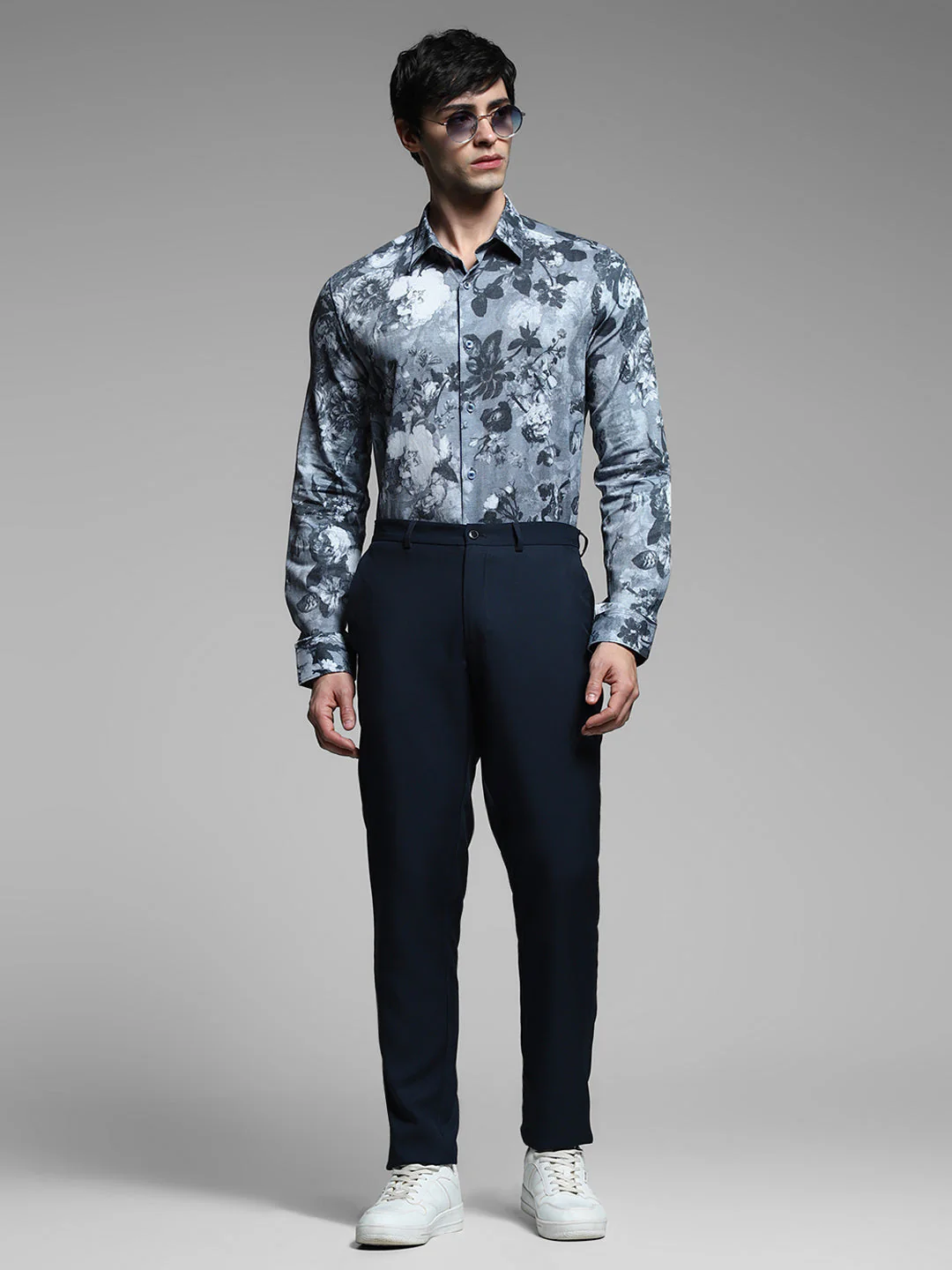 Grey Floral Print Cotton Shirt - Image 6