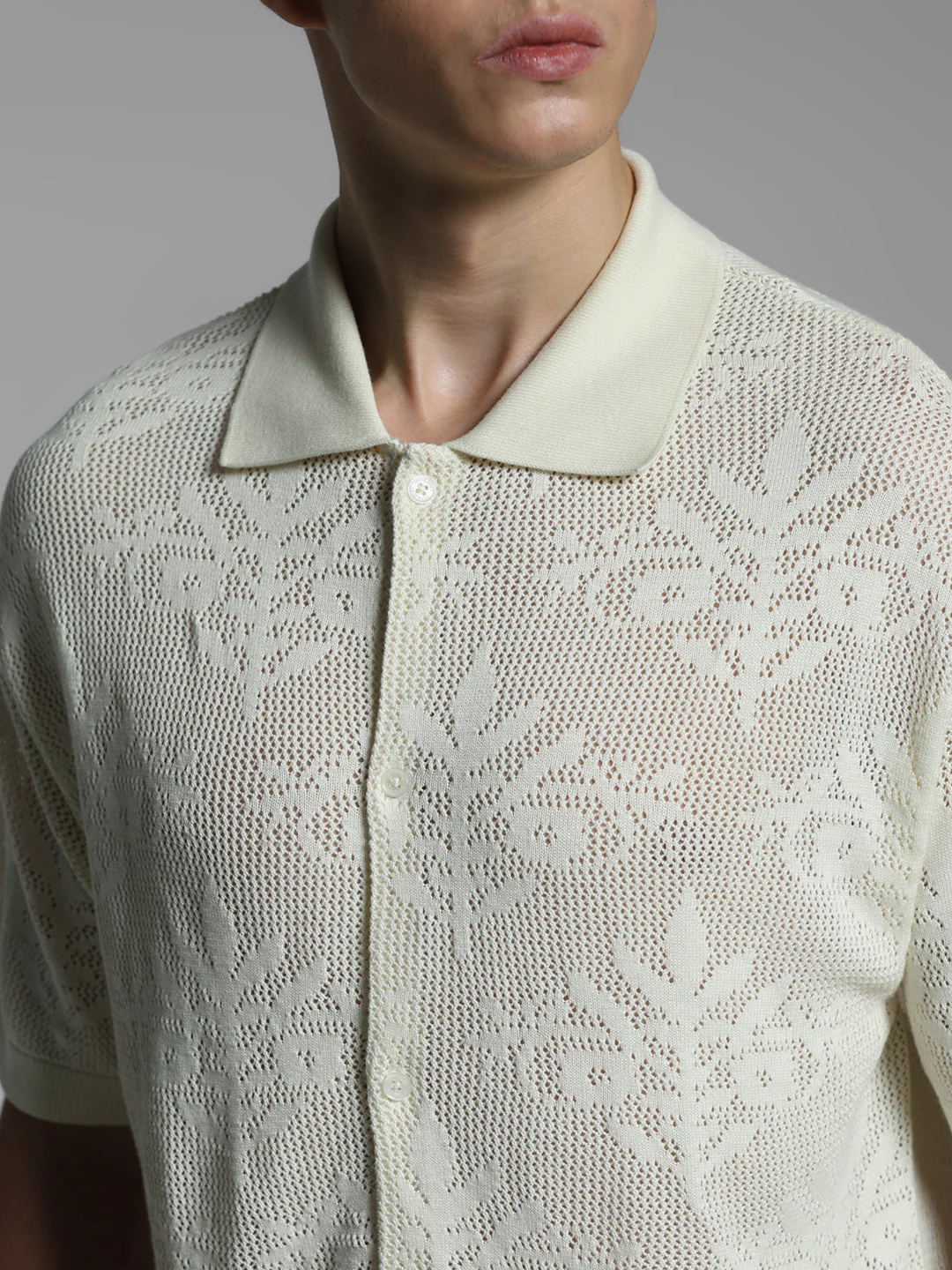 White Jacquard Front Open Polo - Image 5