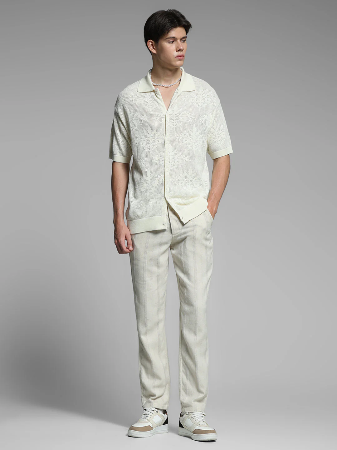 White Jacquard Front Open Polo - Image 6