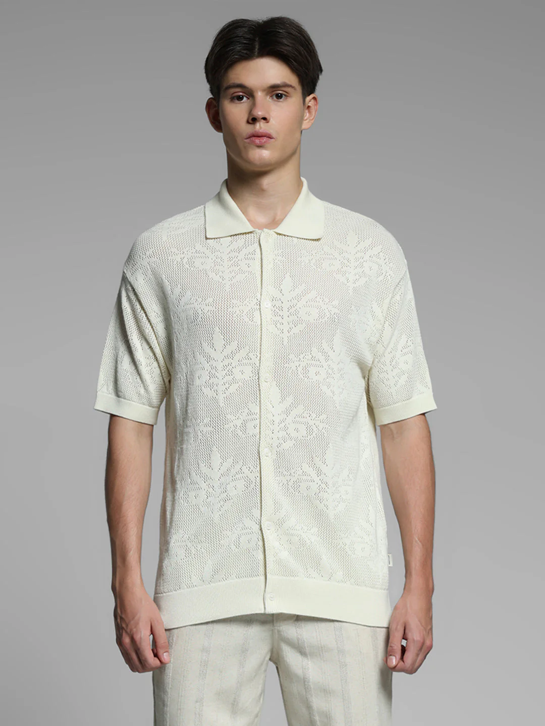 White Jacquard Front Open Polo - Image 8