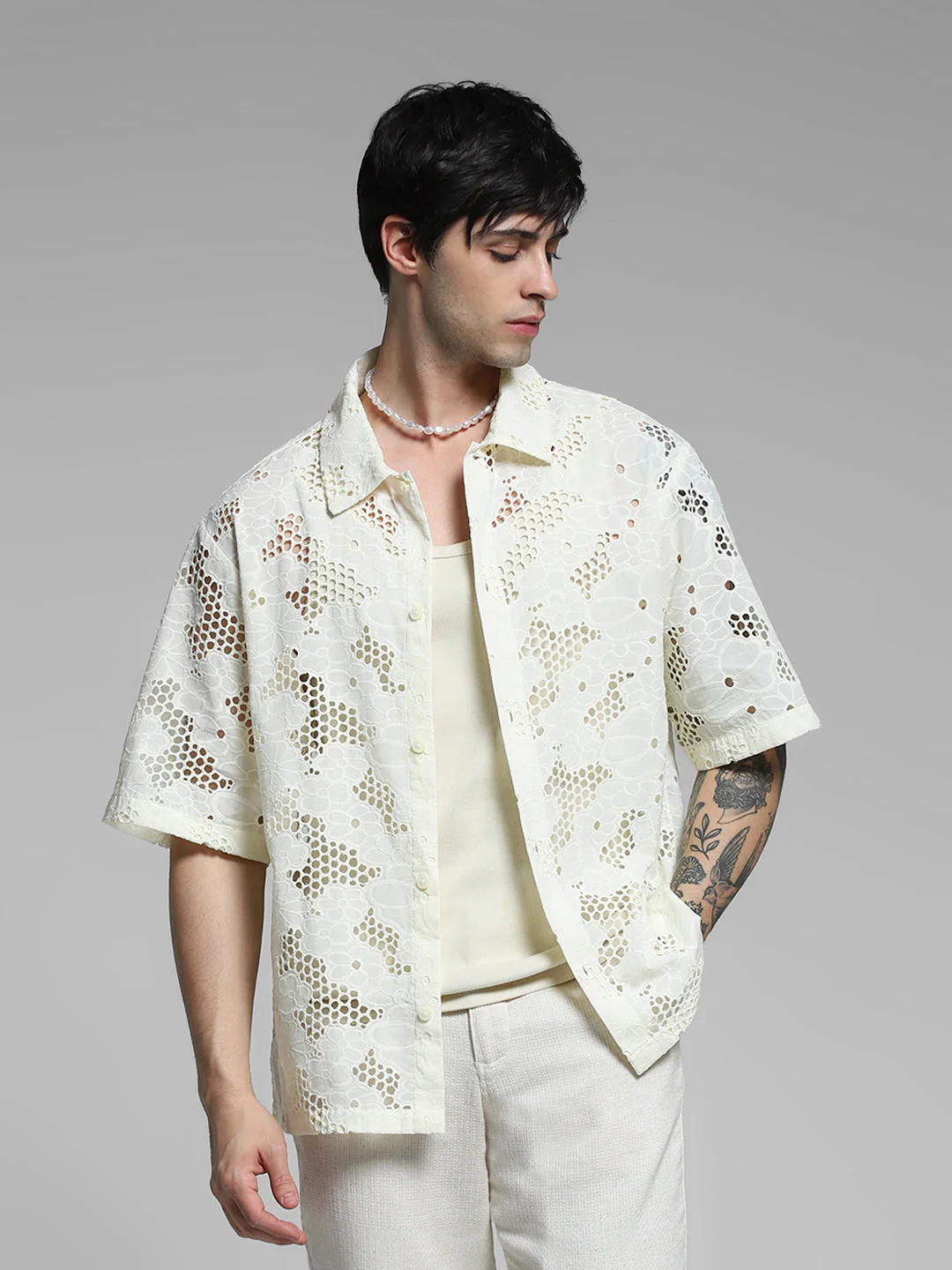 White Cut-Work Cotton Oversized Shirt