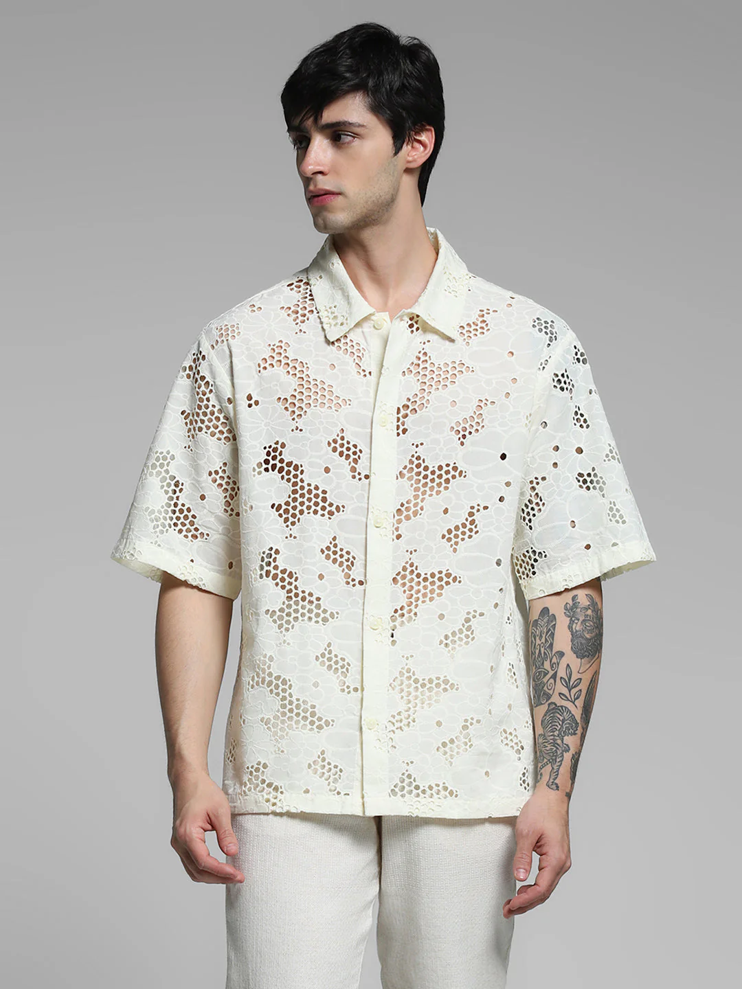 White Cut-Work Cotton Oversized Shirt - Image 2