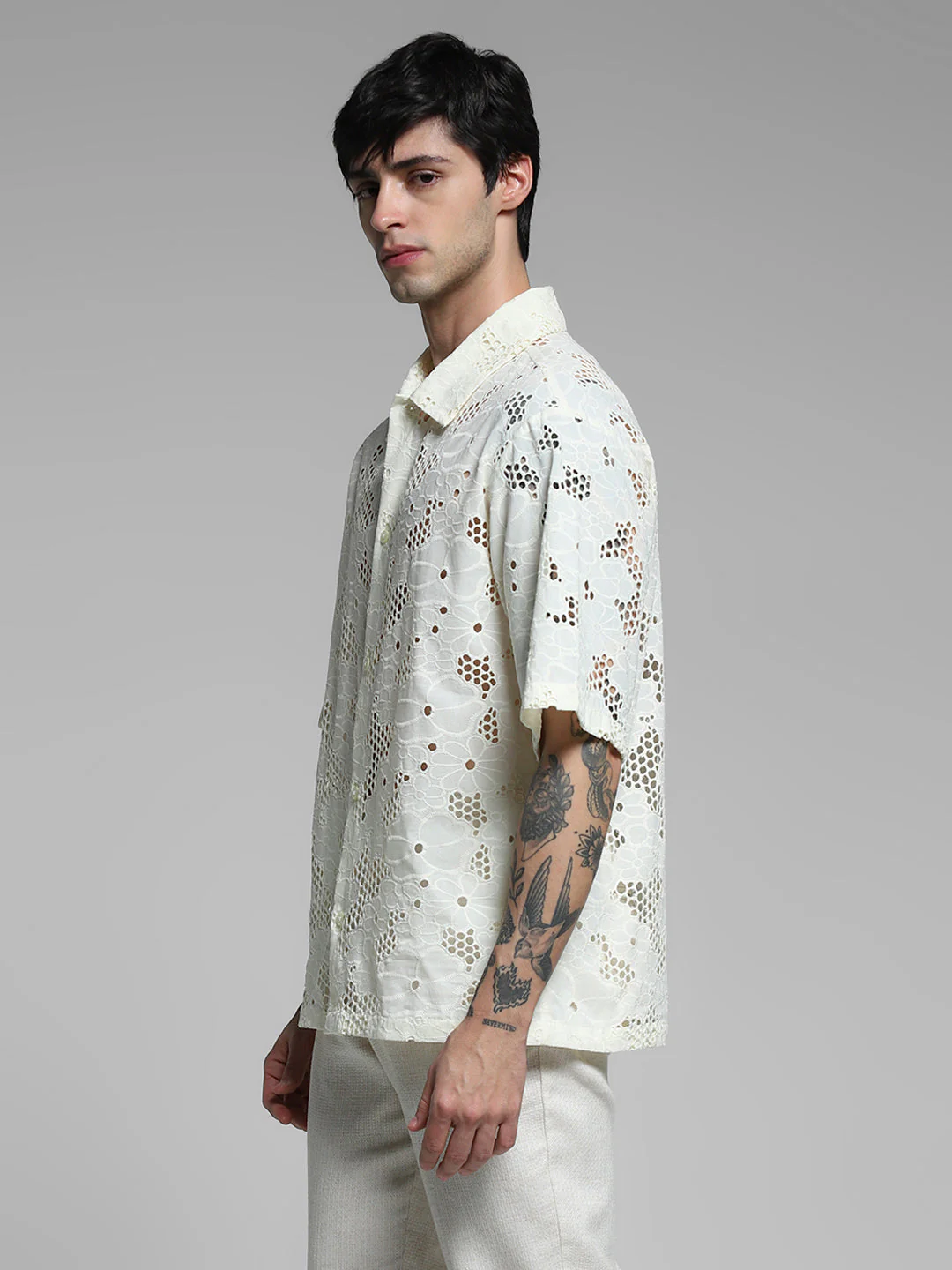 White Cut-Work Cotton Oversized Shirt - Image 3