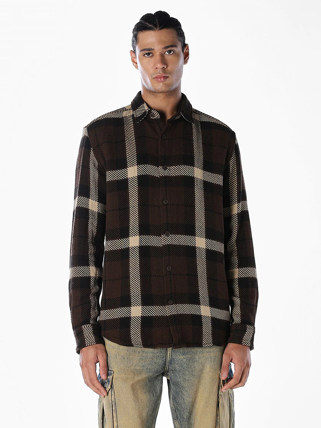 Dark Brown Check Cotton Shirt - Image 2