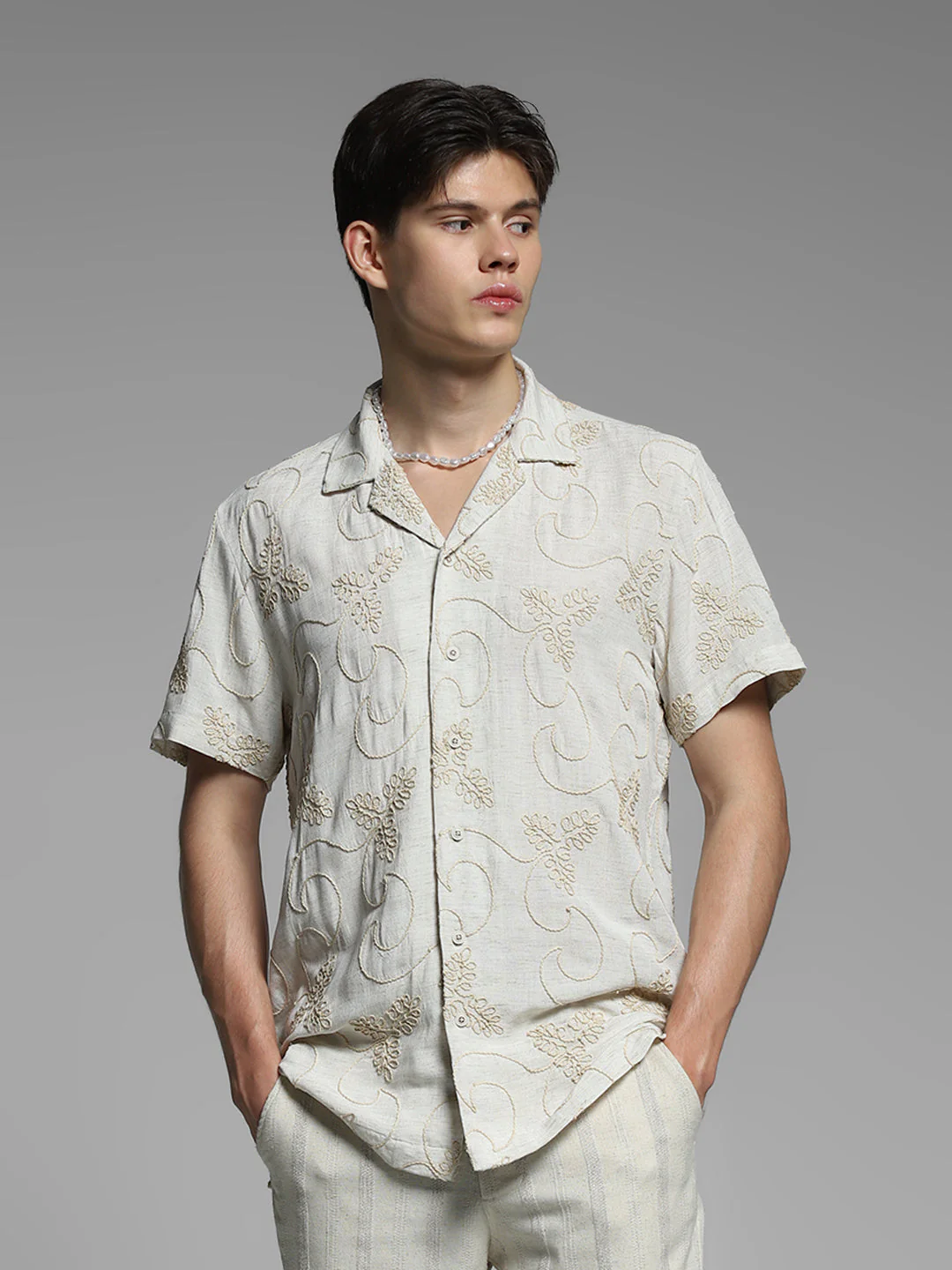Grey Embroidered Comfort Fit Shirt