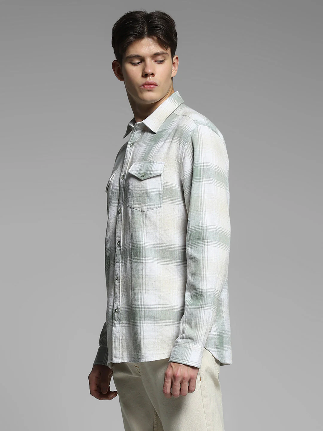 Light Green Check Linen Blend Shirt - Image 3