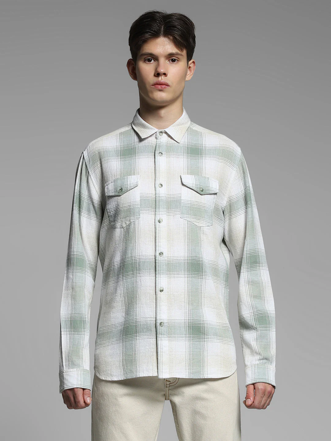 Light Green Check Linen Blend Shirt - Image 8
