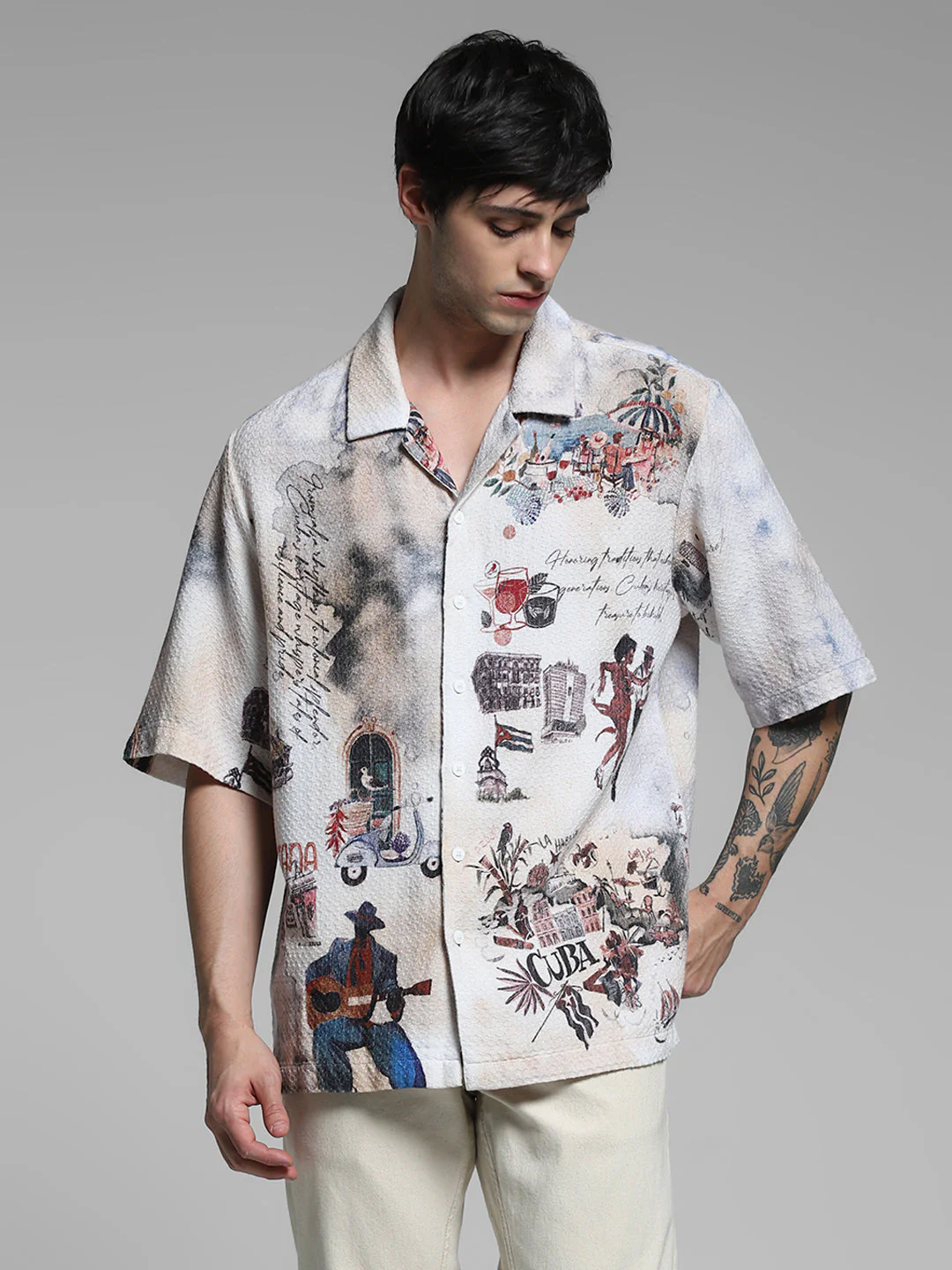White Cuba Print Cotton Oversized Shirt - Image 2