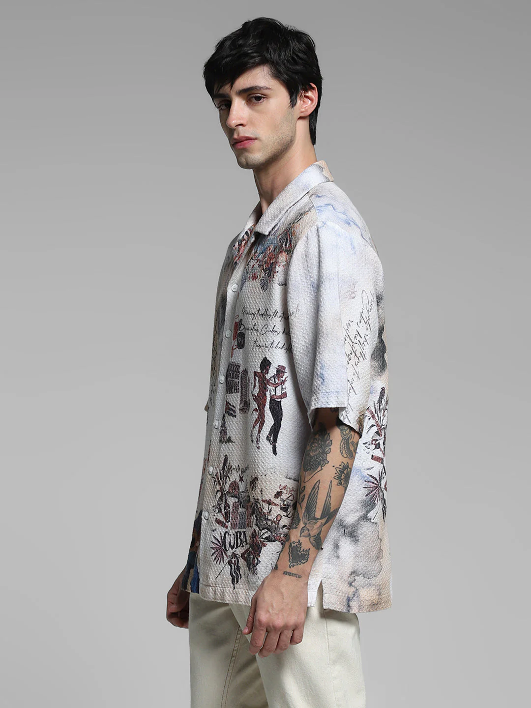 White Cuba Print Cotton Oversized Shirt - Image 3