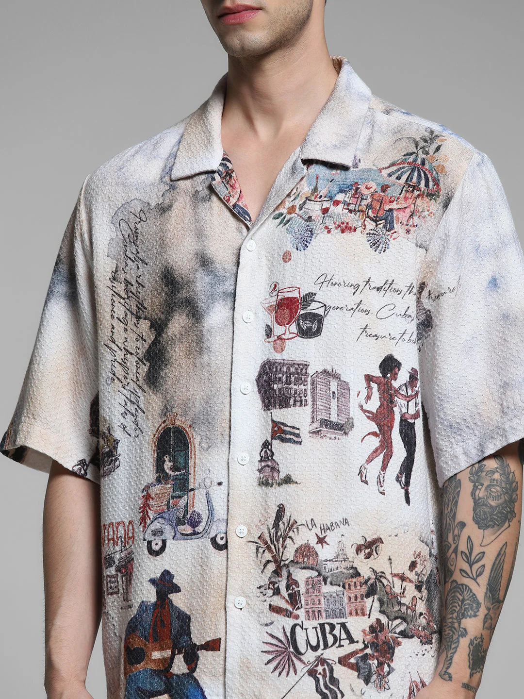 White Cuba Print Cotton Oversized Shirt - Image 5