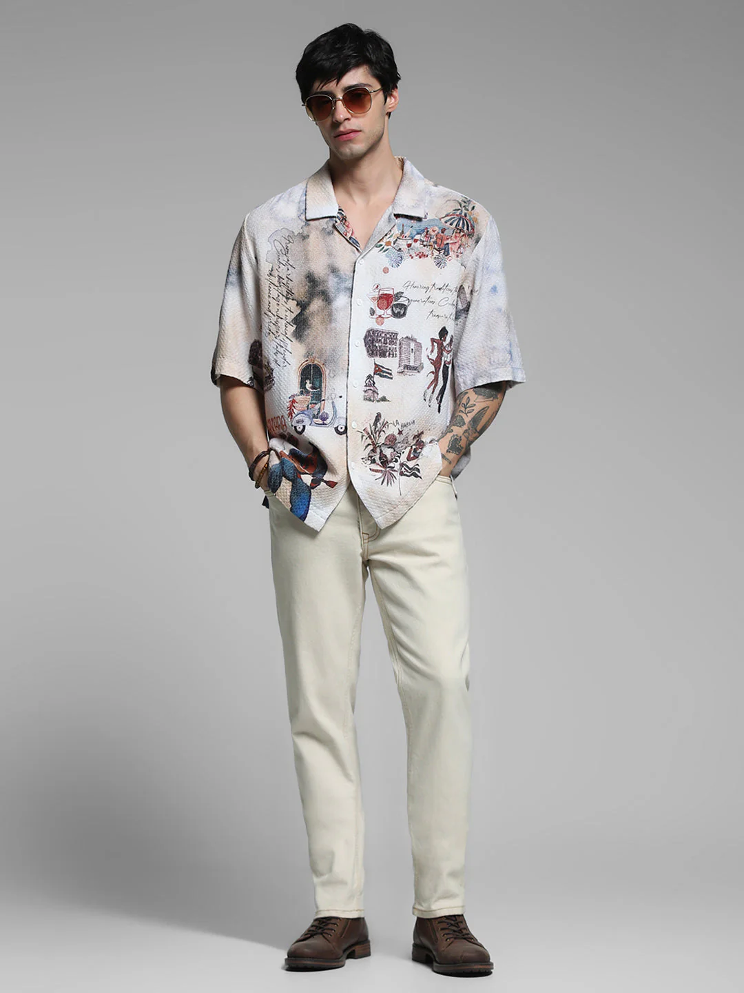 White Cuba Print Cotton Oversized Shirt - Image 6