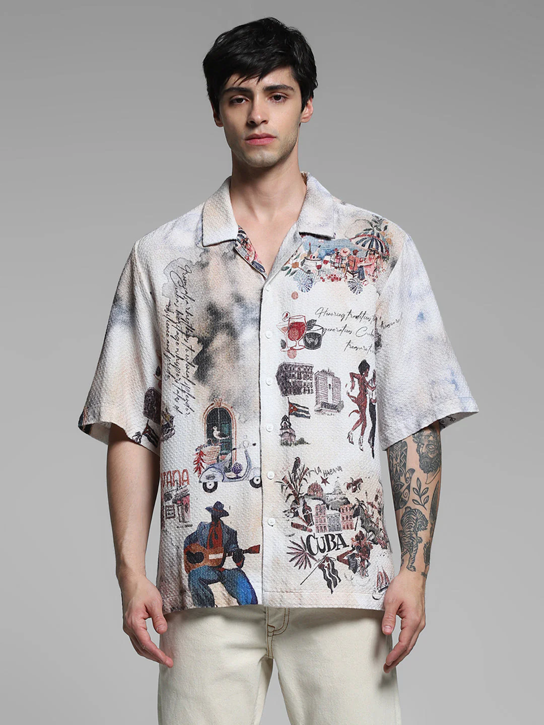 White Cuba Print Cotton Oversized Shirt - Image 8