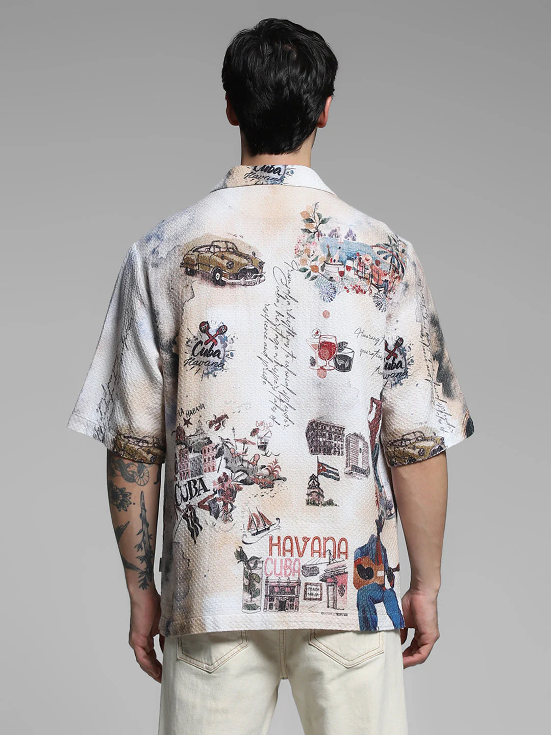 White Cuba Print Cotton Oversized Shirt - Image 9