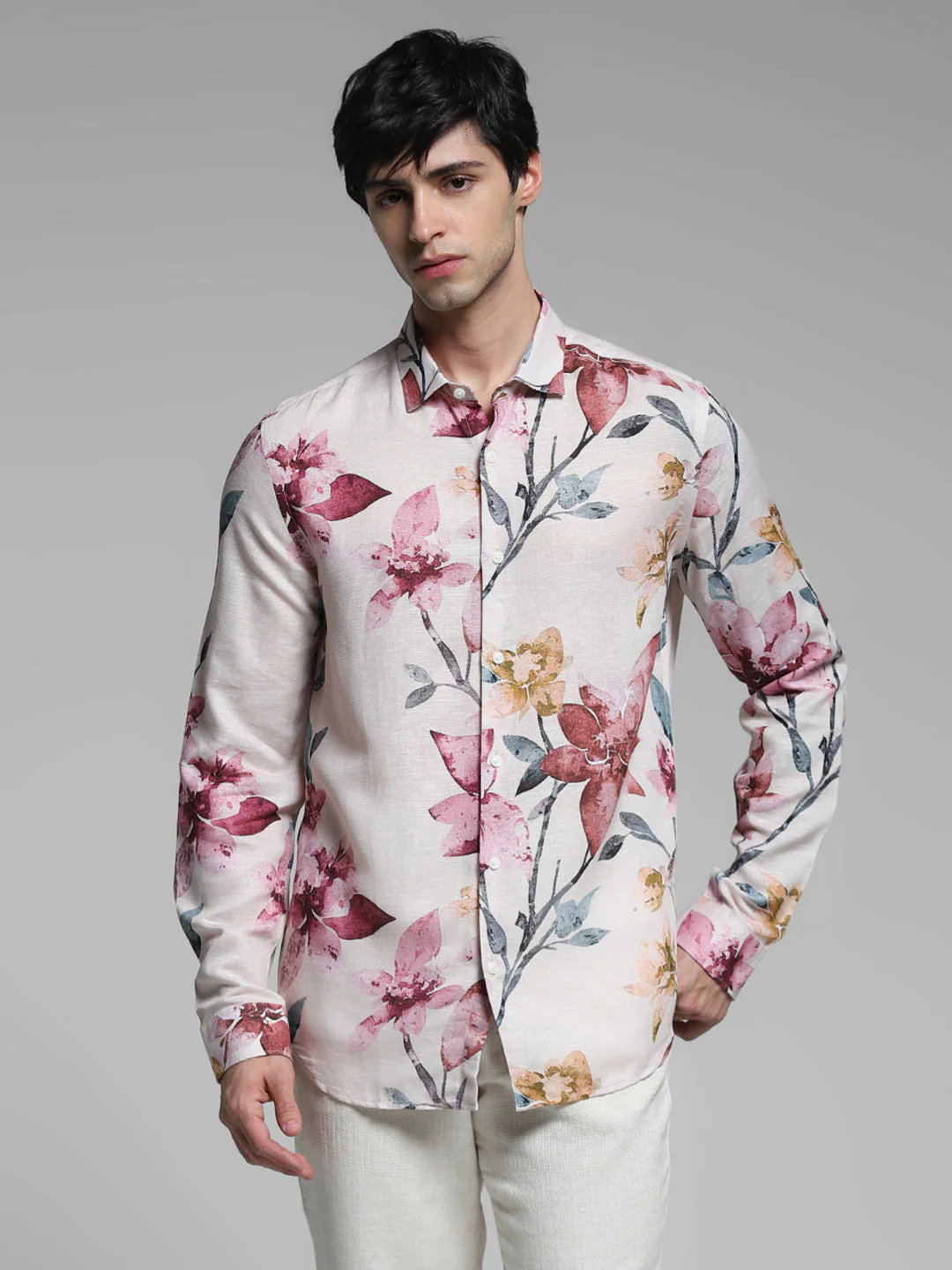 Orange Floral Linen Blend Shirt - Image 2