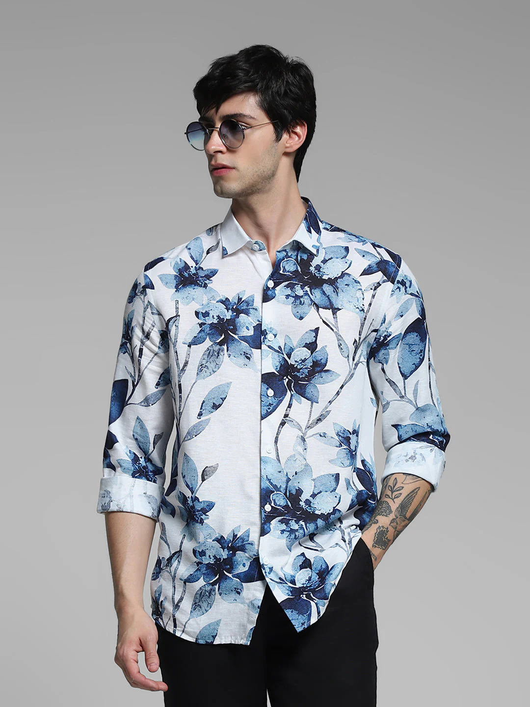 White Floral Linen Blend Shirt