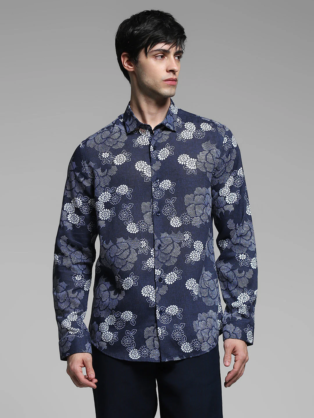 Dark Blue Floral Linen Blend Shirt - Image 2