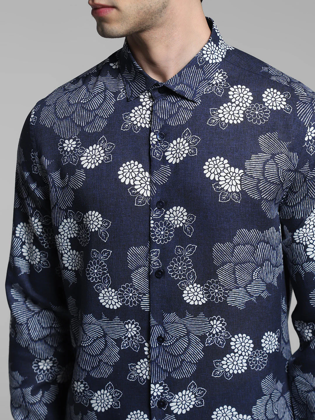Dark Blue Floral Linen Blend Shirt - Image 5