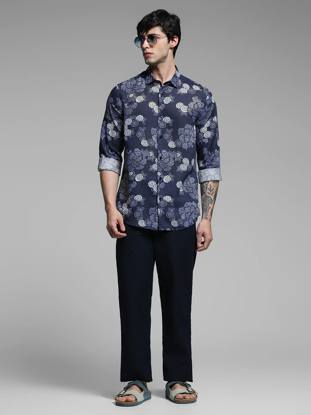 Dark Blue Floral Linen Blend Shirt - Image 6