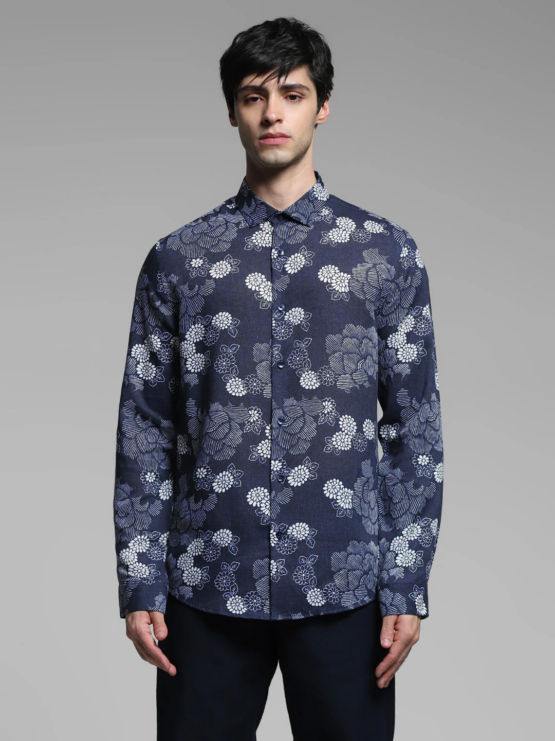 Dark Blue Floral Linen Blend Shirt - Image 8