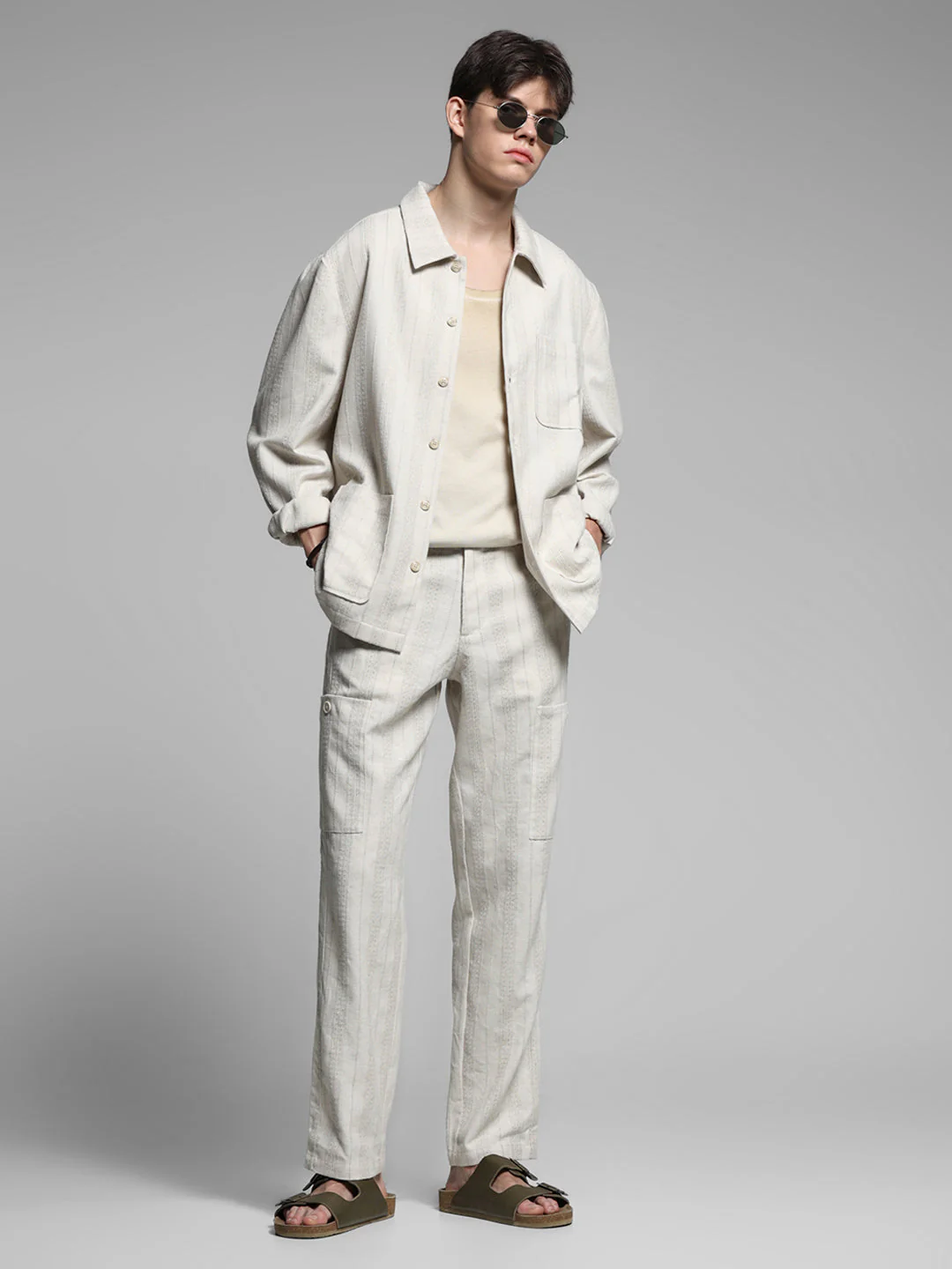 Cream Striped Regular Fit Pants - Image 6