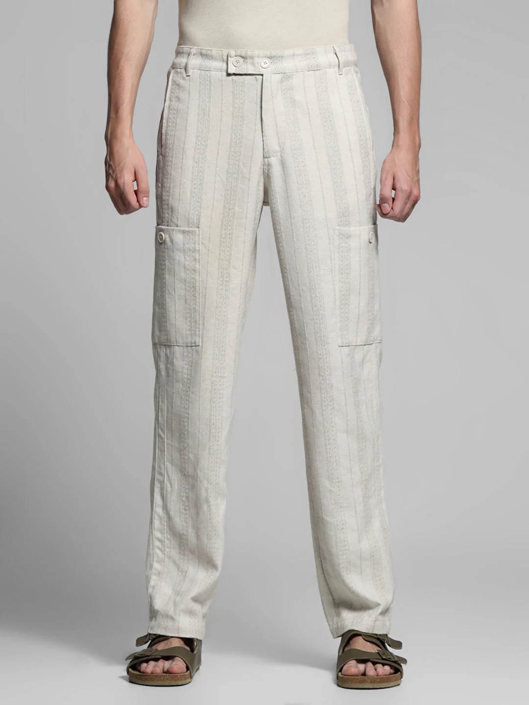 Cream Striped Regular Fit Pants - Image 8