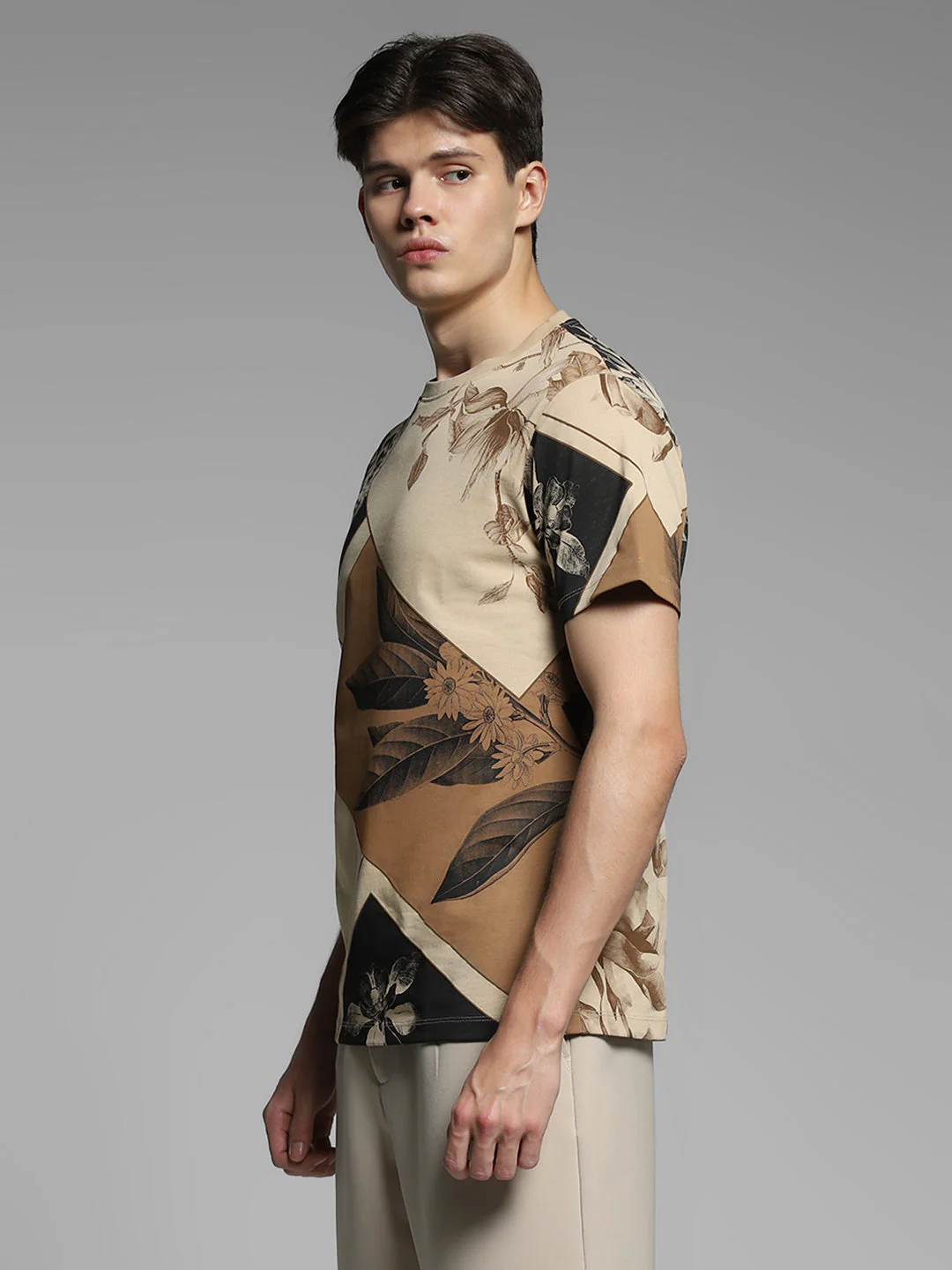 Printed Cotton T-shirt - Light Brown - Image 3