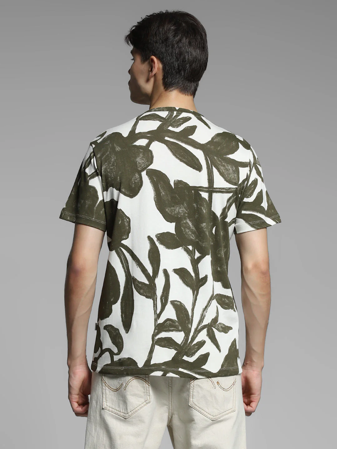 White & Green Printed Cotton T-shirt - Image 4
