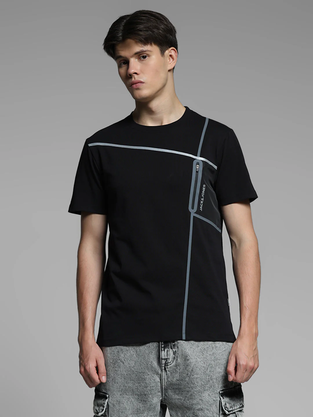 Black Zip Detail Cotton T-shirt - Image 2