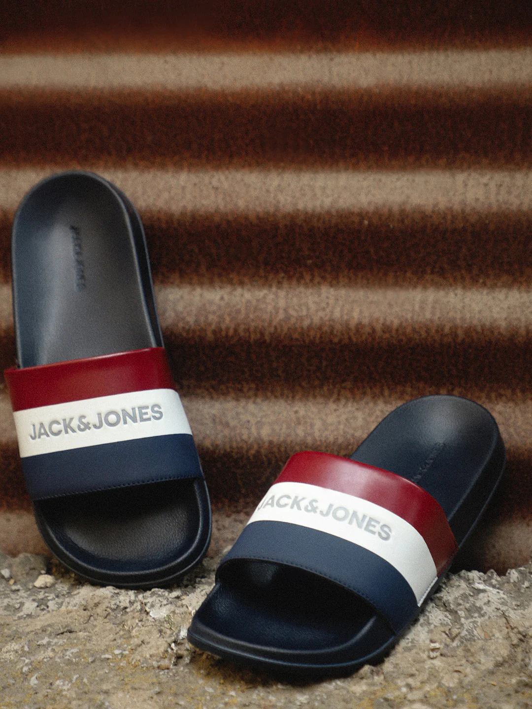 Navy Blue Striped Pool Sliders