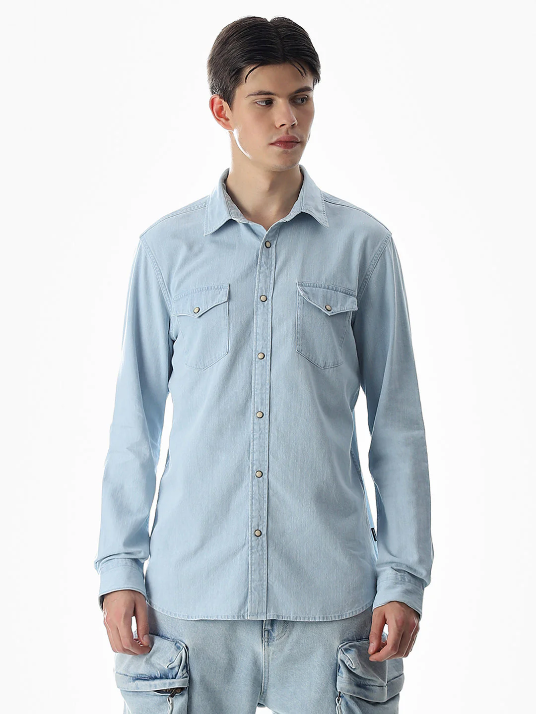 2 Patch Pocket Cotton Denim Shirt - Light Blue - Image 2