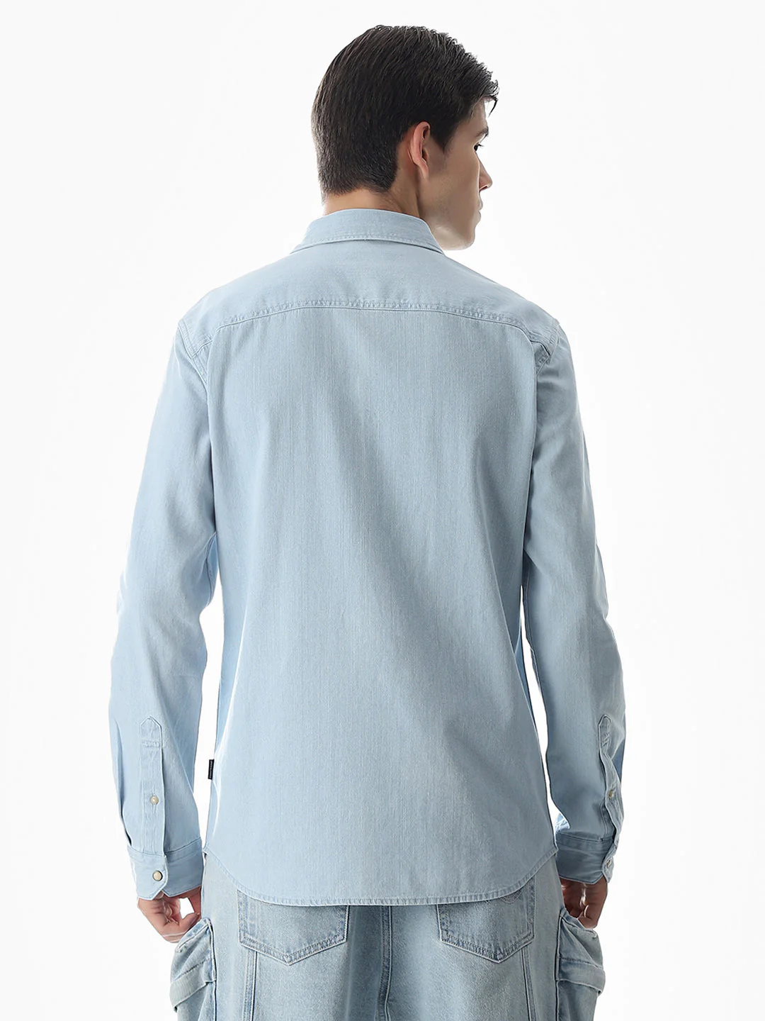 2 Patch Pocket Cotton Denim Shirt - Light Blue - Image 4