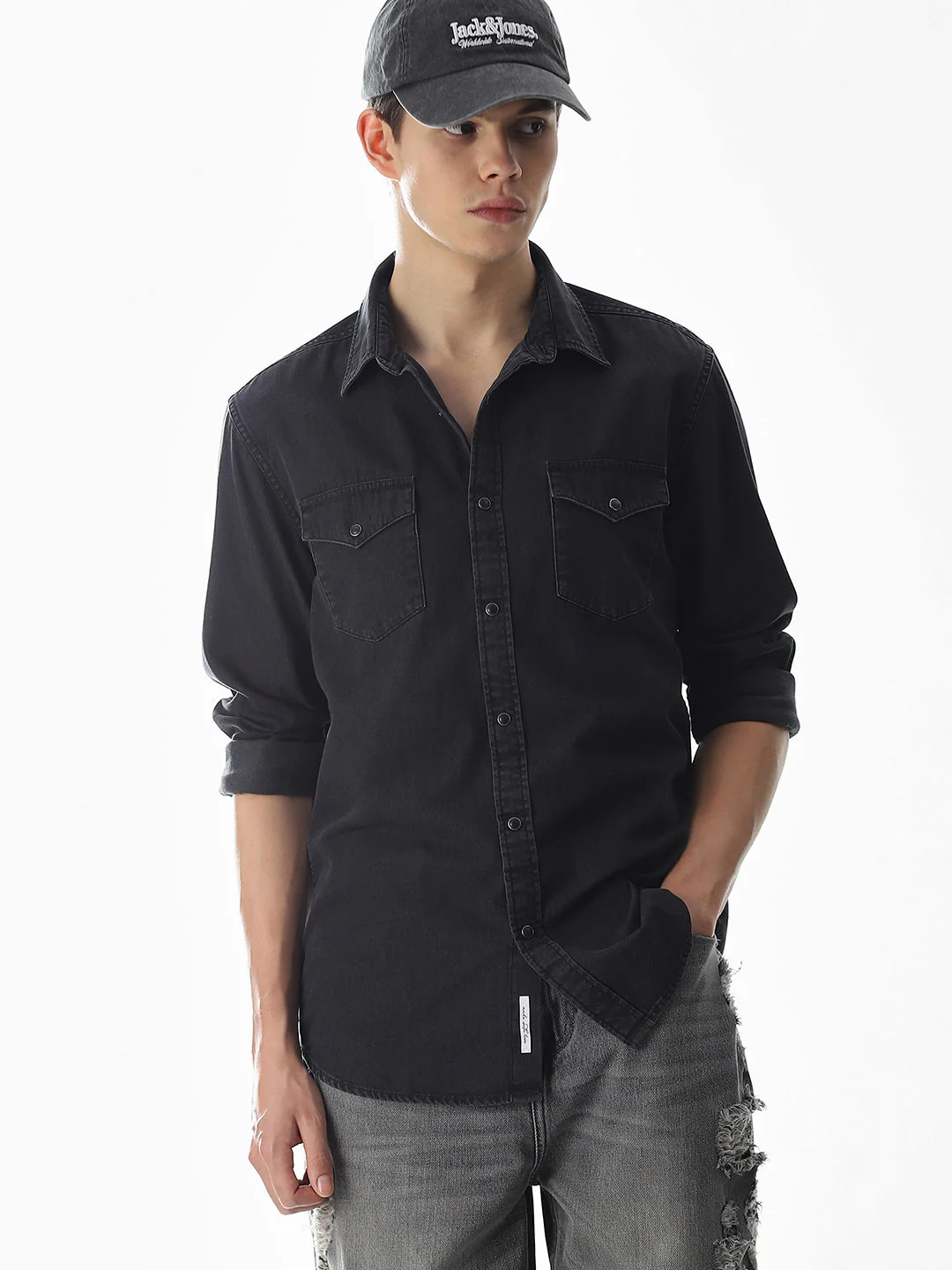 2 Patch Pocket Cotton Denim Shirt - Black