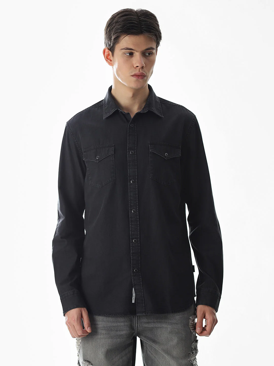 2 Patch Pocket Cotton Denim Shirt - Black - Image 2