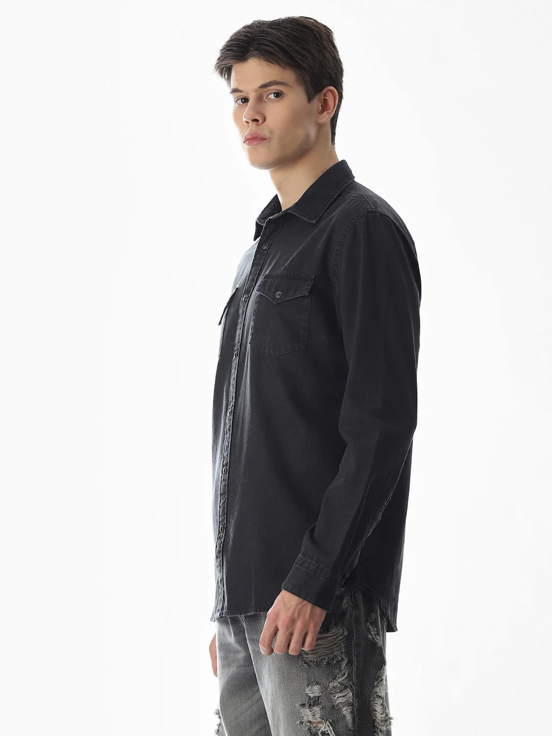 2 Patch Pocket Cotton Denim Shirt - Black - Image 3