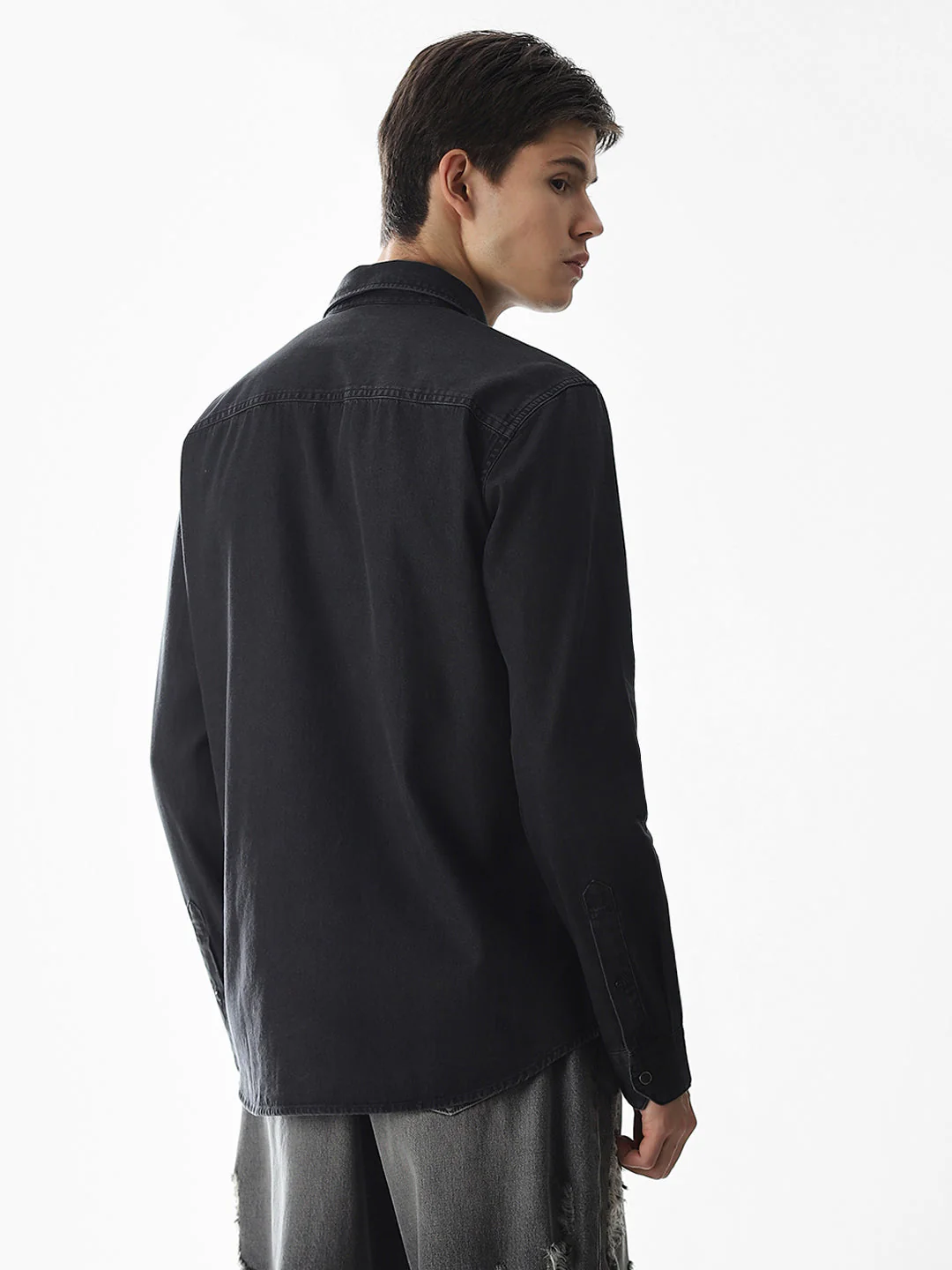 2 Patch Pocket Cotton Denim Shirt - Black - Image 4