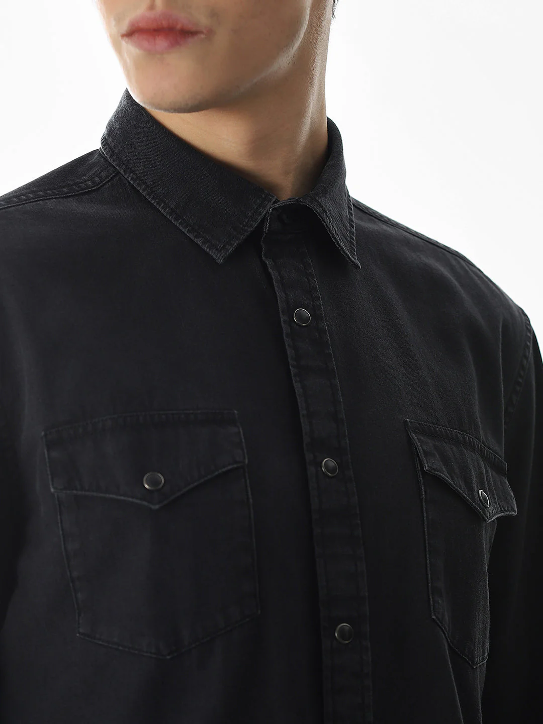 2 Patch Pocket Cotton Denim Shirt - Black - Image 5