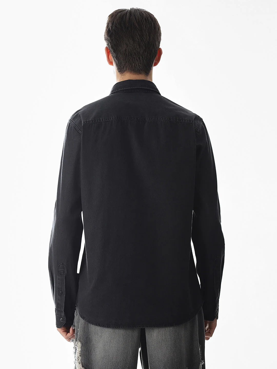 2 Patch Pocket Cotton Denim Shirt - Black - Image 9