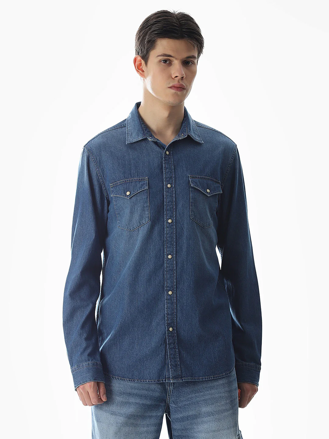 2 Patch Pocket Cotton Denim Shirt - Blue - Image 2