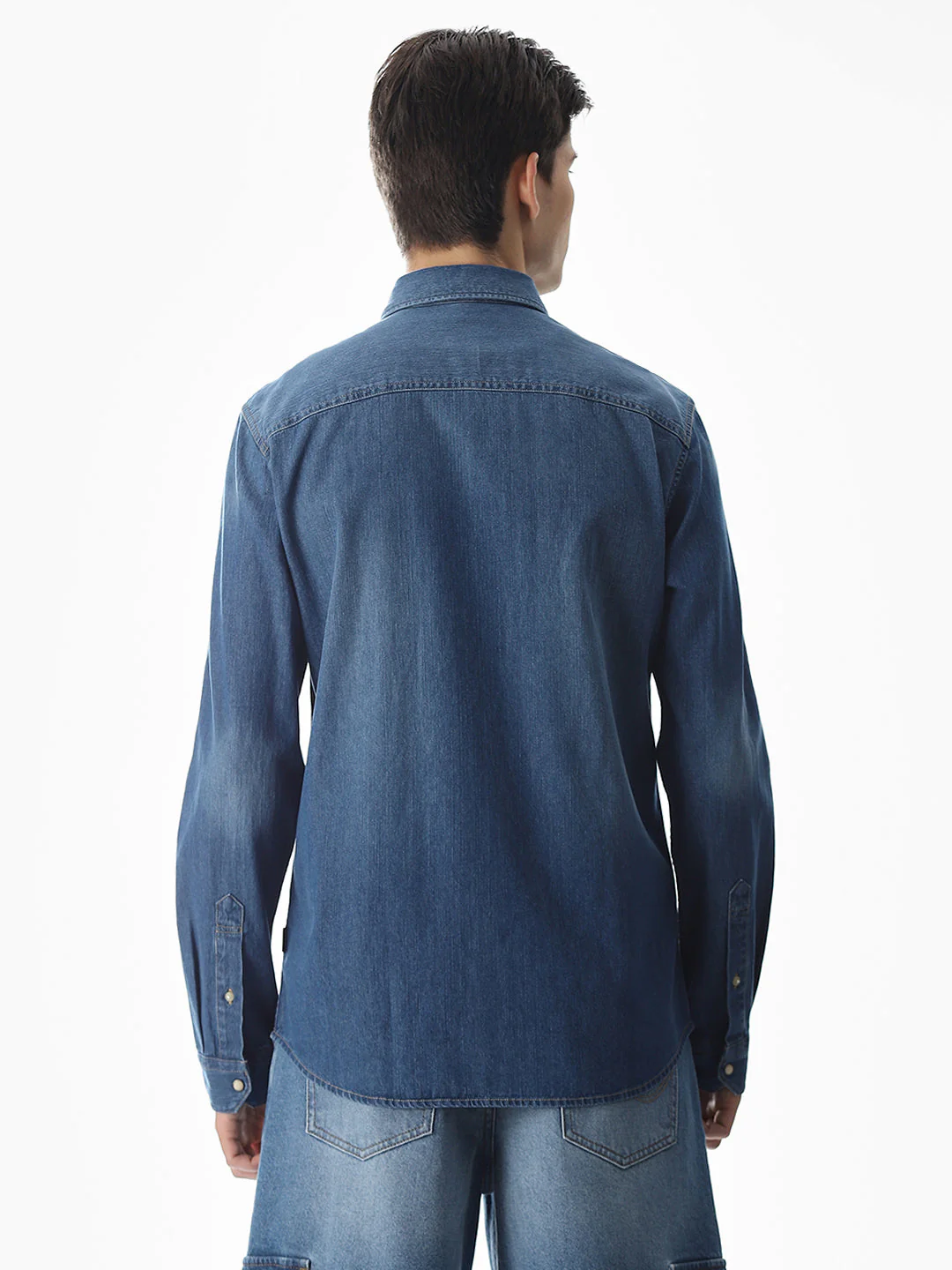 2 Patch Pocket Cotton Denim Shirt - Blue - Image 4