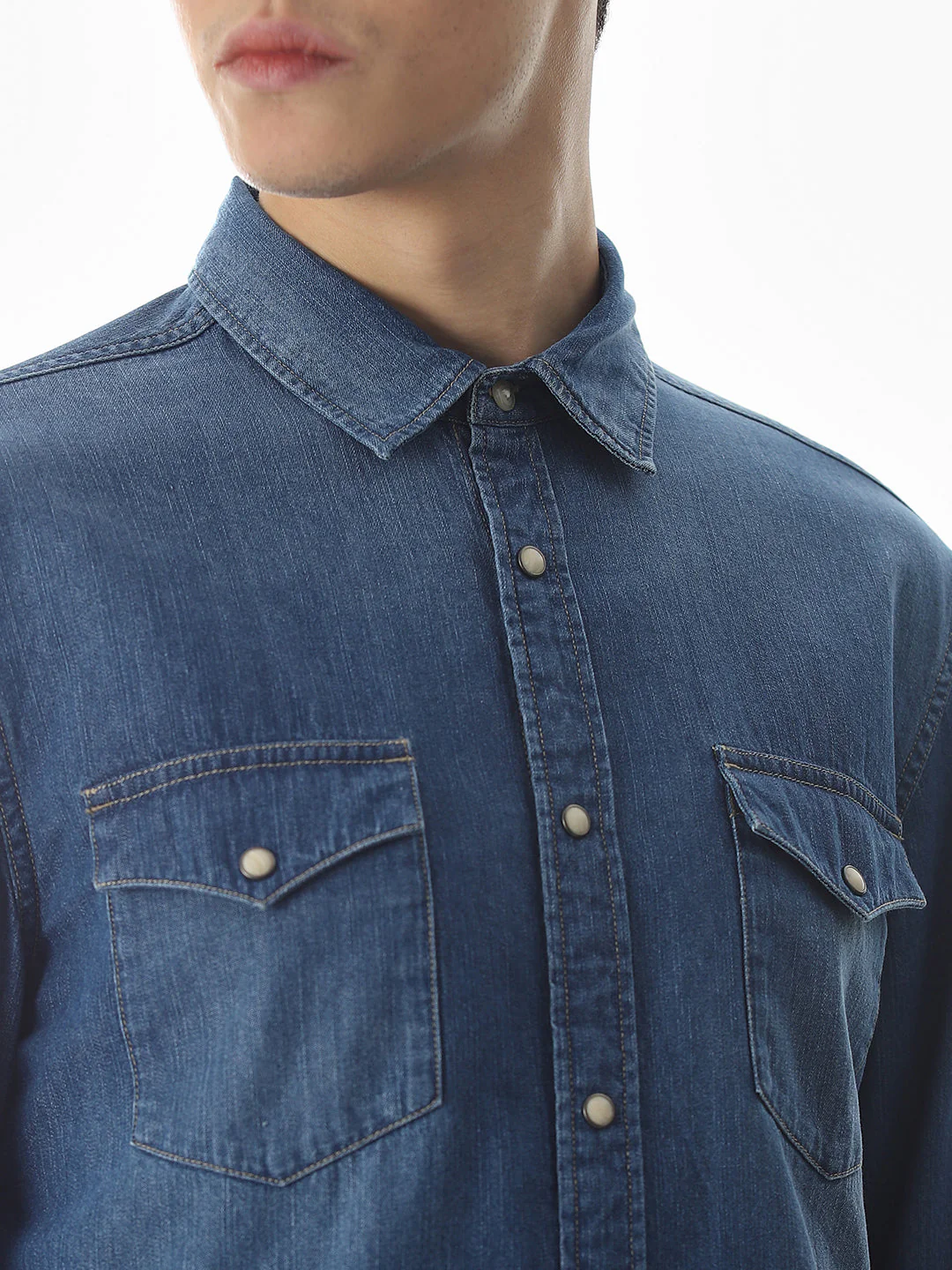 2 Patch Pocket Cotton Denim Shirt - Blue - Image 5