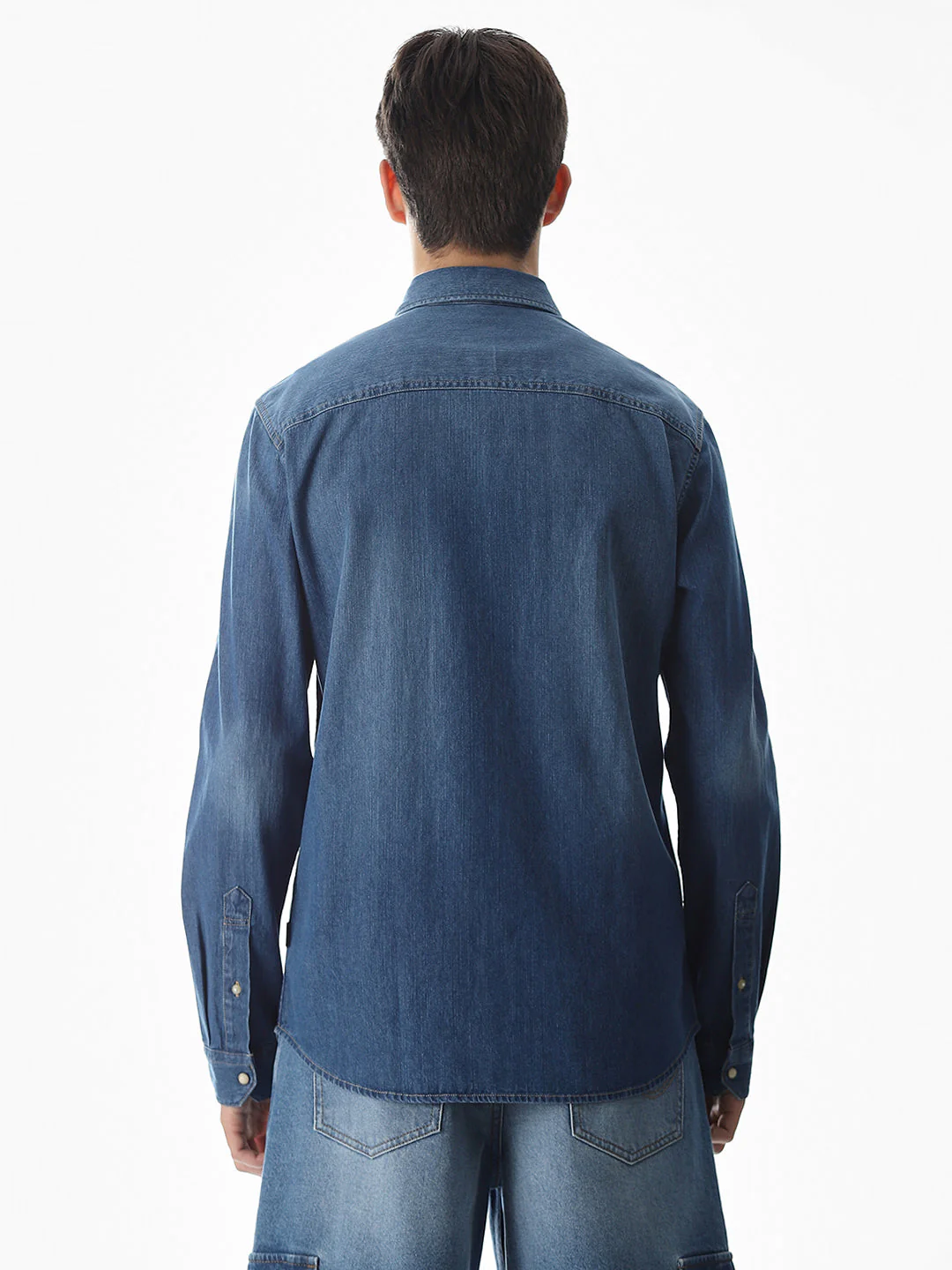 2 Patch Pocket Cotton Denim Shirt - Blue - Image 9