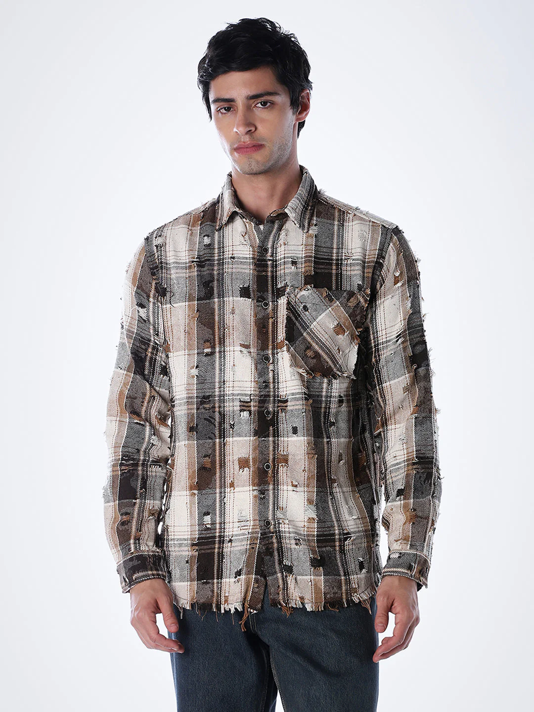 Distressed Check Regular Fit Shirt - Brown - Image 2