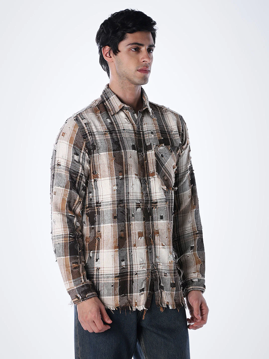 Distressed Check Regular Fit Shirt - Brown - Image 3