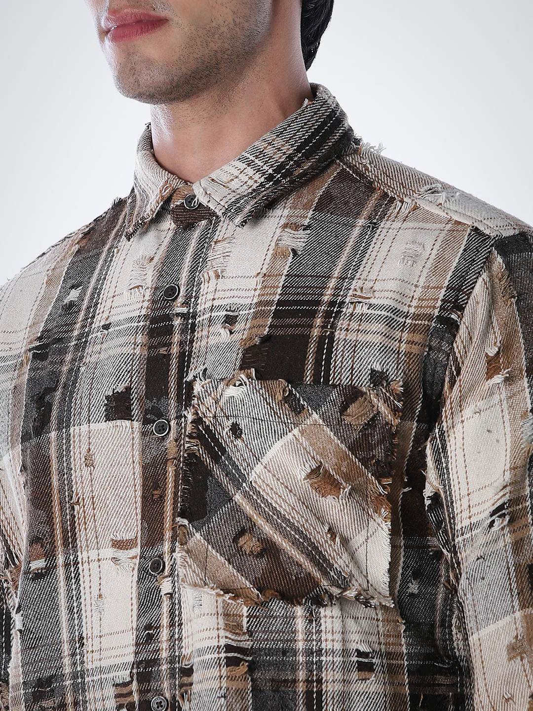 Distressed Check Regular Fit Shirt - Brown - Image 5