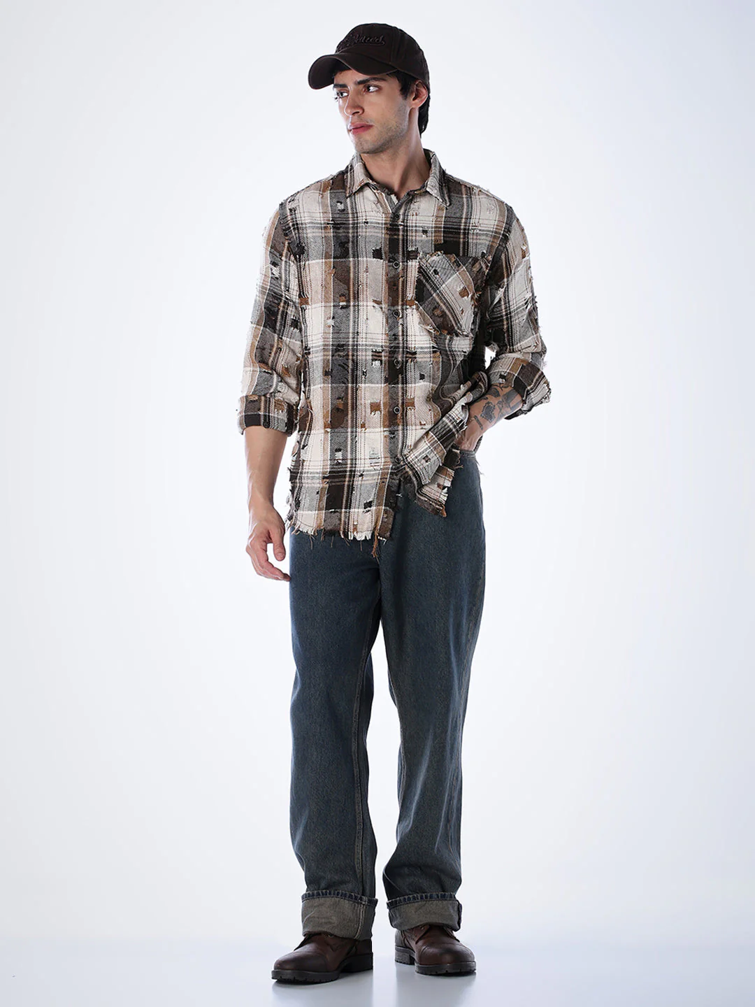 Distressed Check Regular Fit Shirt - Brown - Image 6