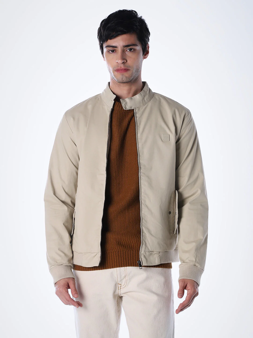 Beige Regular Fit Bomber Jacket - Image 2