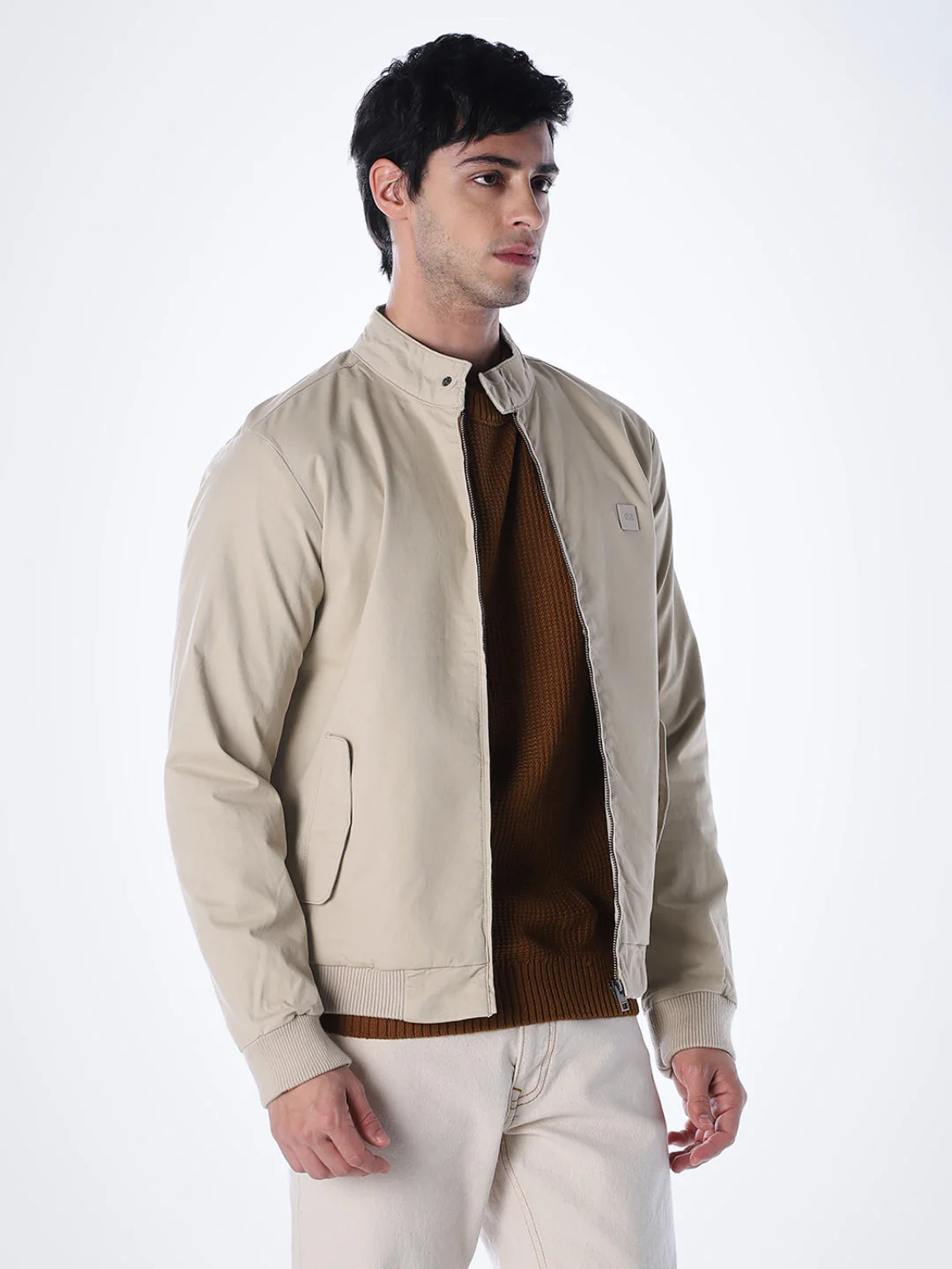 Beige Regular Fit Bomber Jacket - Image 3