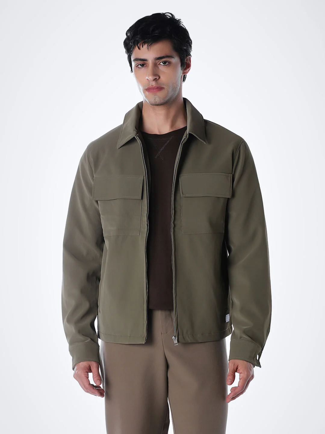 Zip-Front Casual Jacket - Olive Green - Image 2